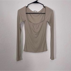Joah Brown Light Brown Ribbed Square Neck Long Sleeve Top